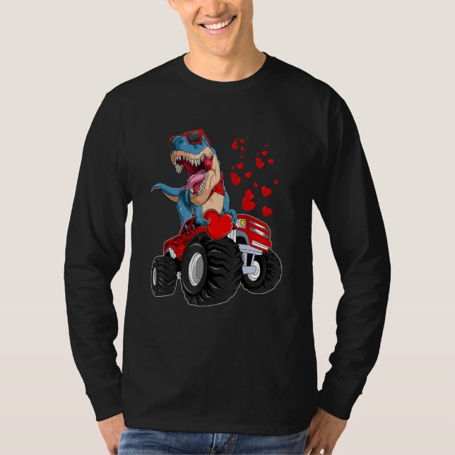 Dinosaur Rex Riding Monster Truck Valentines Day B T-Shirt (Front)
