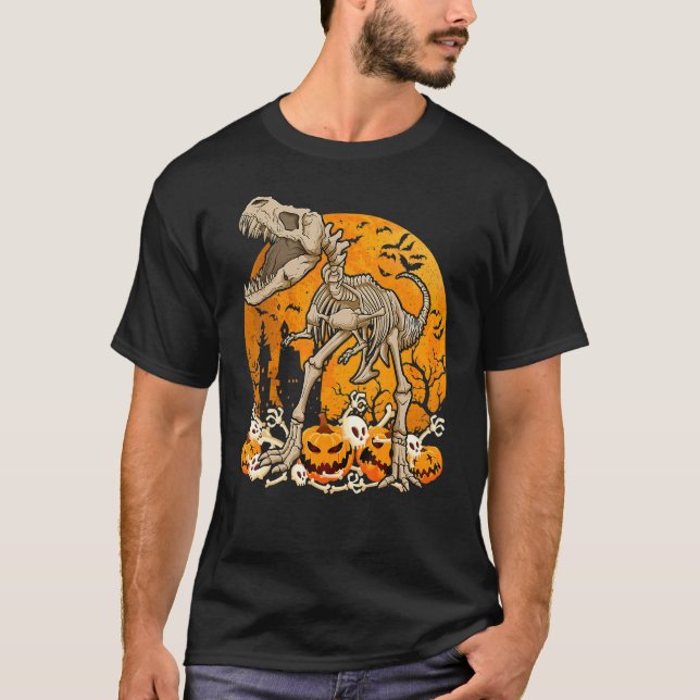 Dinosaur rex Skeleton Pumpkin With Moon Halloween  T-Shirt (Front)