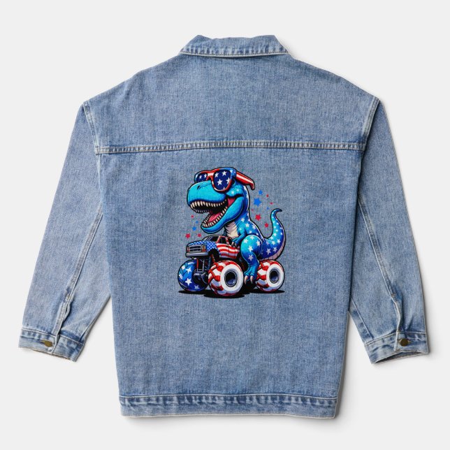 Dinosaur Riding American Flag Truck July 4th Denim Jacket (Back)