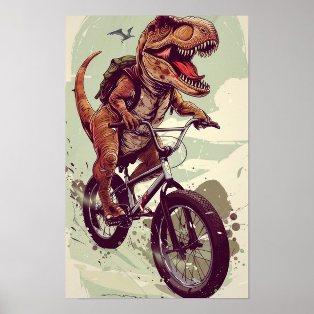 Dinosaur Riding Bike Illustration Poster (Front)
