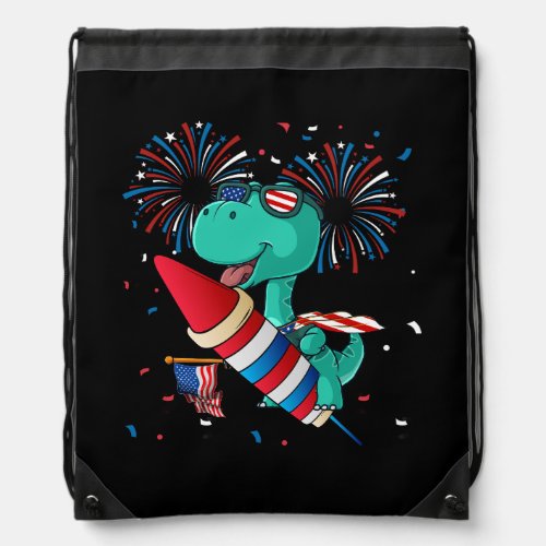 Dinosaur Riding Fireworks Funny 4th Of July Indepe Drawstring Bag