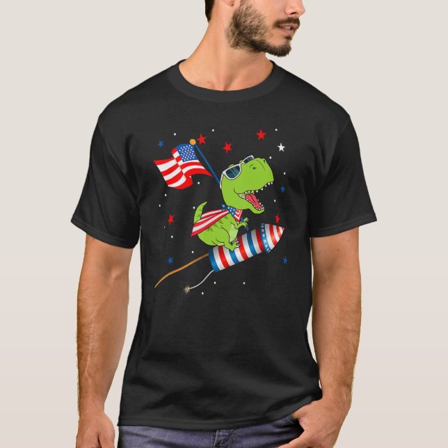 Dinosaur Riding Fireworks Funny 4th Of July Kids B T-Shirt (Front)