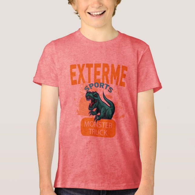 Dinosaur riding in the back monster truck t rex lo Tri-Blend shirt (Front)