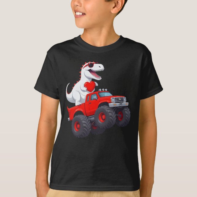 Dinosaur Riding Monster Truck Funny T-Shirt (Front)