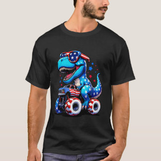 Dinosaur Riding Monster Truck USA Flag 4th of July T-Shirt