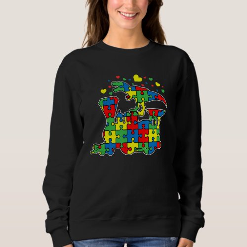 Dinosaur Riding Train Puzzle Piece Autism Awarenes Sweatshirt