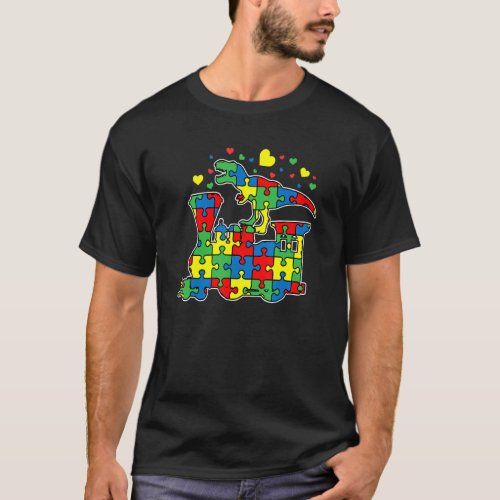 Dinosaur Riding Train Puzzle Piece Autism Awarenes T_Shirt