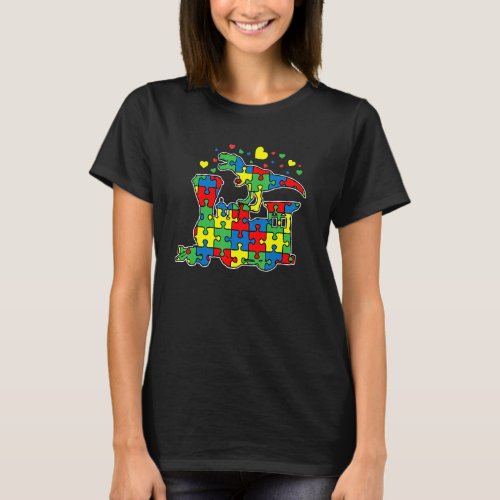 Dinosaur Riding Train Puzzle Piece Autism Awarenes T_Shirt