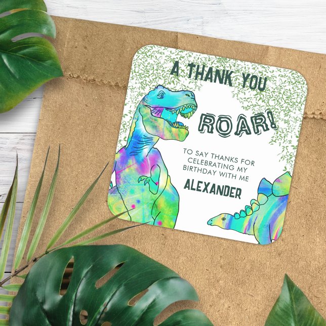 Dinosaur Roar Birthday Party Thank You Favor Square Sticker (T-Rex roar dinosaur party thank you custom favor sticker with colorful watercolor stegosaurus )