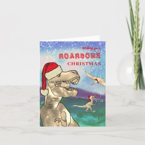 Dinosaur Roar Christmas T_Rex Santa Holiday Card