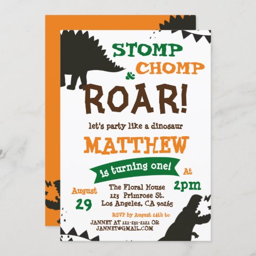 Dinosaur Roar Confetti Jungle Animals Birthday Invitation