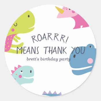 Dinosaur Roar Girls Birthday Pink Classic Round Sticker by blush_printables at Zazzle