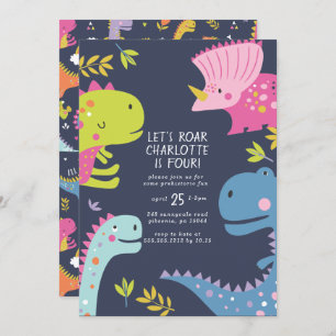 Dinosaur Roar Girls Birthday Pink Invitation
