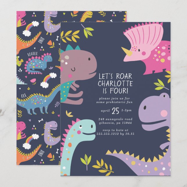 Dinosaur Roar Girls Birthday Purple Invitation (Front/Back)