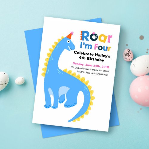Dinosaur Roar In Kids 4th Birthday Party Invites