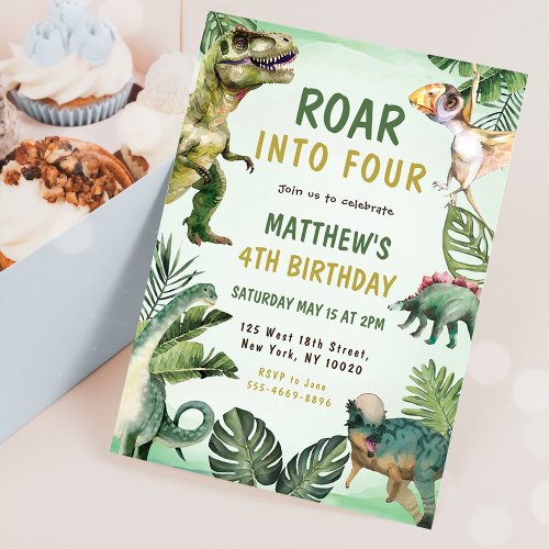 Dinosaur Roar Into Four 4th Birthday Party Invitation