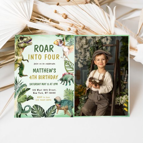 Dinosaur Roar Into Four 4th Birthday Party Photo Invitation