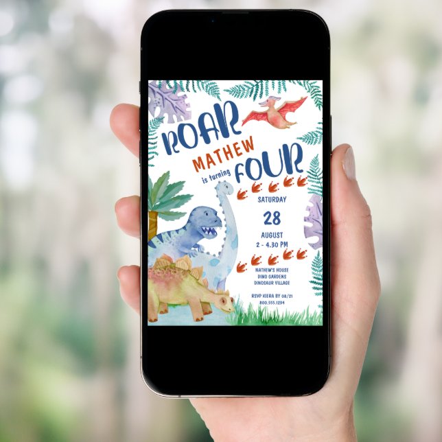 Dinosaur Roar .. is turning Four Boys 4th Birthday Invitation (Front Digital)