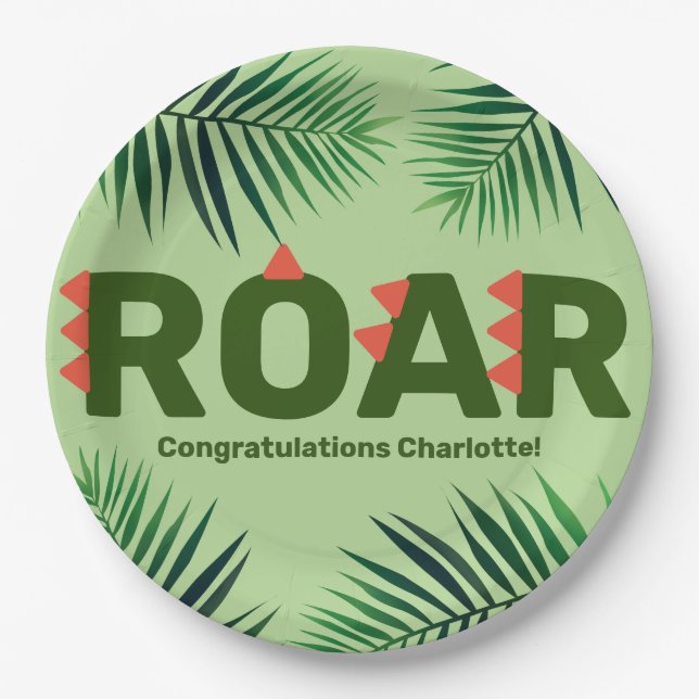 Dinosaur Roar Jungle Ferns Baby Shower Paper Plates (Front)