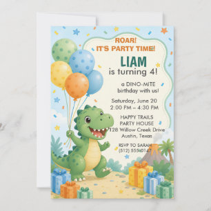 Dinosaur Roar Kids 4th Birthday Party  Invitation