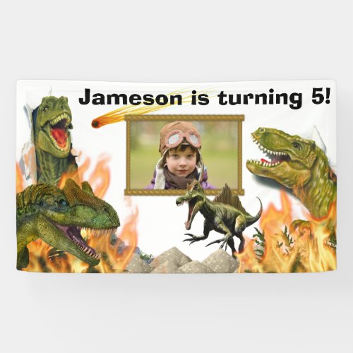 Dinosaur roar T_rex flames meteor photo birthday Banner