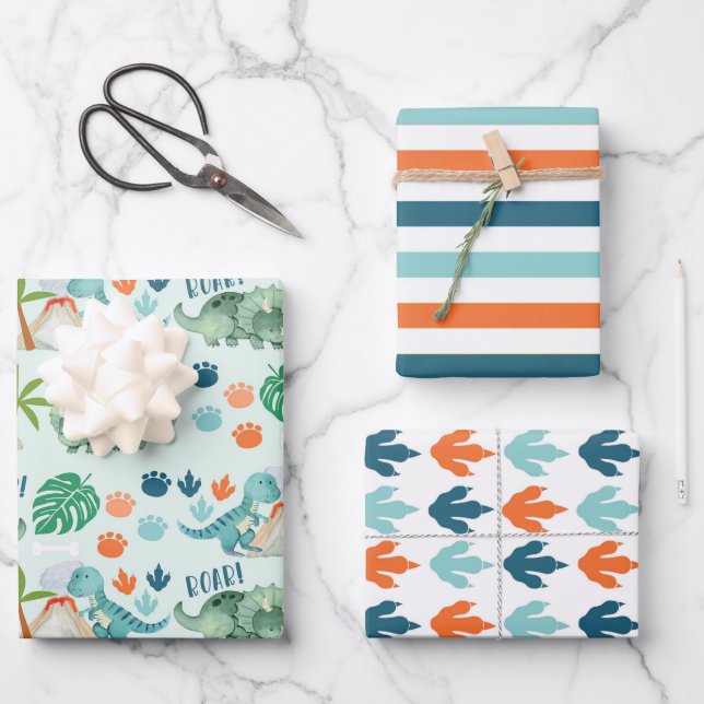 Dinosaur Roar T-Rex Triceratops Tracks Stripes Wrapping Paper Sheets (Front)