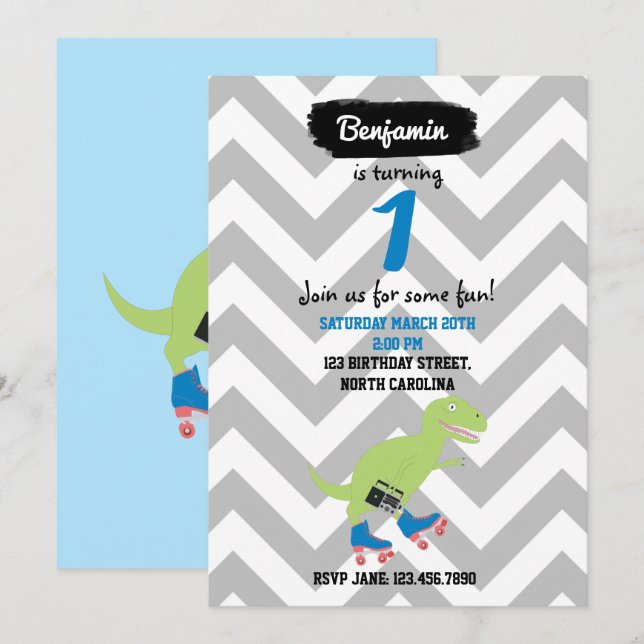 Dinosaur Roller Skating Holding Radio Birthday Invitation (Front/Back)