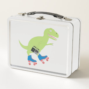 Dinosaur Roller Skating Holding Radio Metal Lunch Box