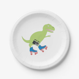 Dinosaur Roller Skating Holding Radio Paper Plates