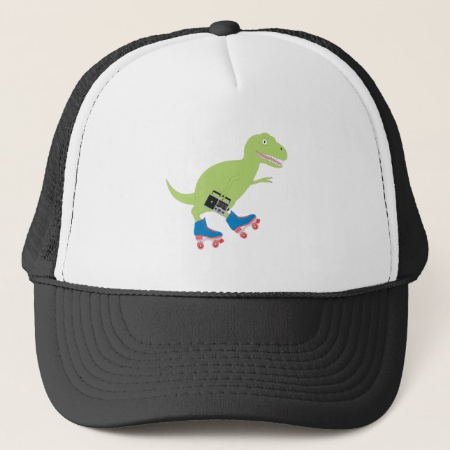 Dinosaur Roller Skating Holding Radio Trucker Hat (Front)