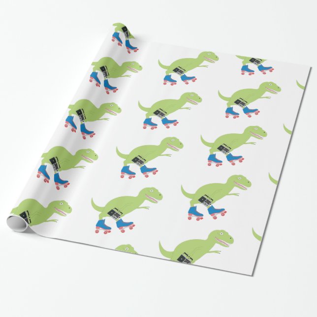 Dinosaur Roller Skating Holding Radio Wrapping Paper (Unrolled)