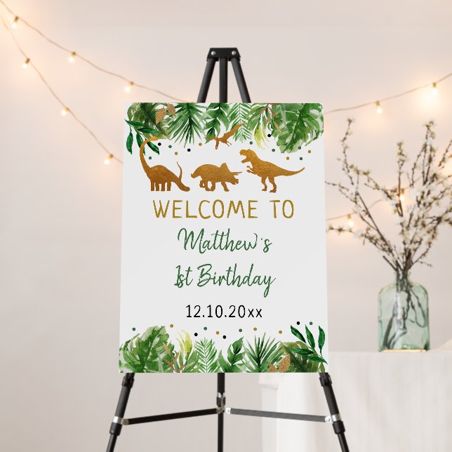 Dinosaur Safari Greenery Gold Birthday Welcome Foam Board (In Situ (Stand))