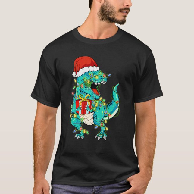 Dinosaur Santa For Boys Girls Christmas Tree Light T-Shirt (Front)