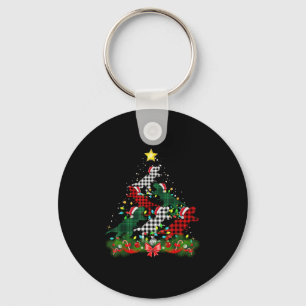Dinosaur Santa Hat Christmas Tree Buffalo Plaid Re Keychain