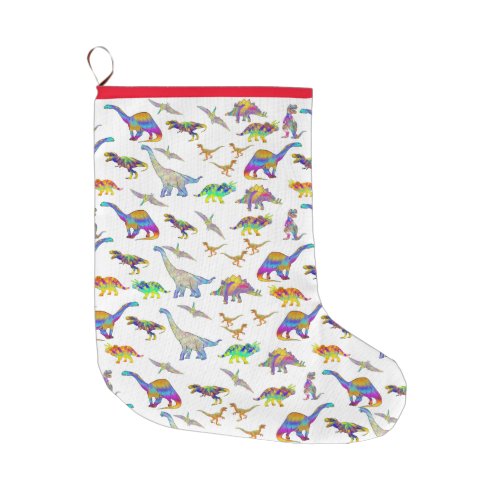 Dinosaur Santa pattern Colorful Kids Large Christmas Stocking