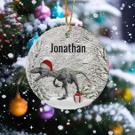 Dinosaur Santa Raptor Velociraptor Name  Ceramic Ornament<br><div class="desc">This design may be personalized in the area provided by changing the photo and/or text. Or it can be customized by clicking Personalize this Template and then choosing the click to customize further option and delete or change the color of the background, add text, change the text color or style,...</div>