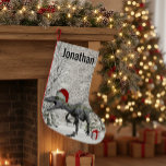 Dinosaur Santa Raptor Velociraptor Name  Small Christmas Stocking<br><div class="desc">This design may be personalized in the area provided by changing the photo and/or text. Or it can be customized by clicking Personalize this Template and then choosing the click to customize further option and delete or change the color of the background, add text, change the text color or style,...</div>