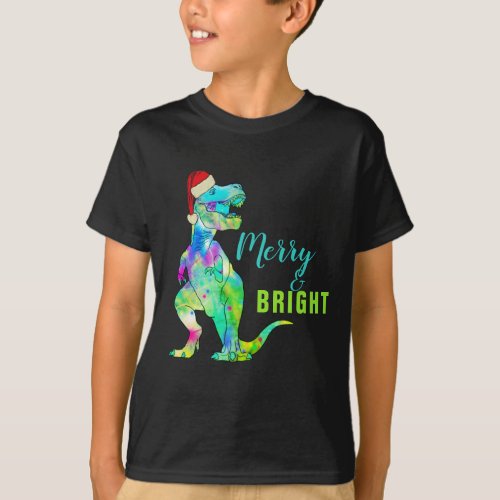Dinosaur Santa T_Rex Merry and bright quote T_Shirt