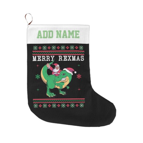 Dinosaur Santa T_Rex Ugly Christmas Sweater Large Christmas Stocking