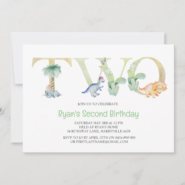 Dinosaur Second Birthday Invitation (Front)