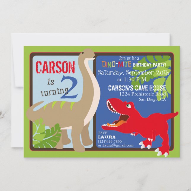 Dinosaur Second Birthday Invitation Card (Front)