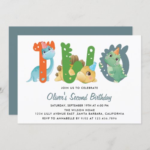 Dinosaur Second Birthday Party  Invitation