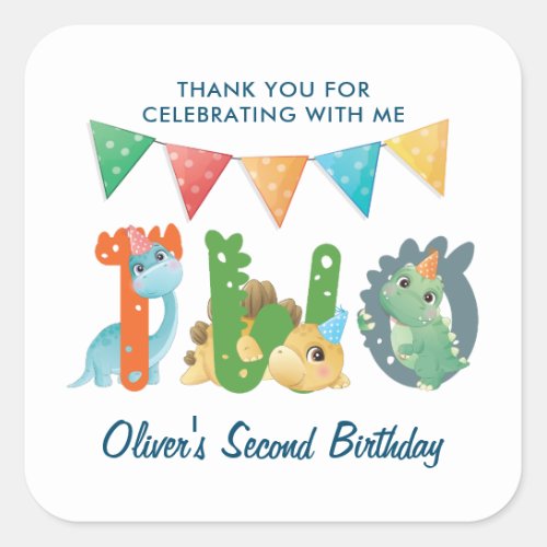 Dinosaur Second Birthday Thank You   Square Sticker