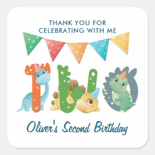 Dinosaur Second Birthday Thank You Square Sticker