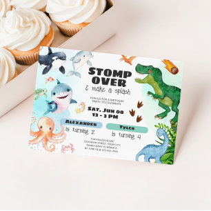 Dinosaur & Shark Under the Sea Sibling Birthday Invitation