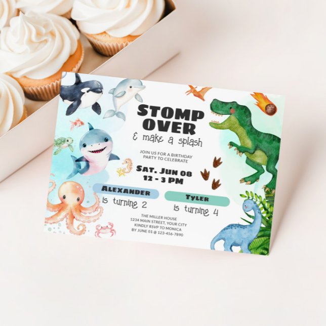 Dinosaur & Shark Under the Sea Sibling Birthday Invitation (Sharks & Dinosaur Birthday Party Invite)