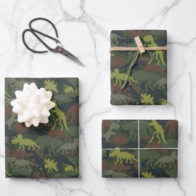 Dinosaur Silhouette Camouflaged Birthday Gift Wrapping Paper Sheets (Front)