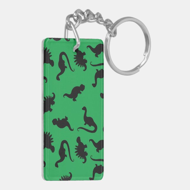 Dinosaur Silhouettes on Green Background Pattern Keychain (Back Left)