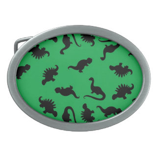 Dinosaur Silhouettes on Green Background Pattern Oval Belt Buckle