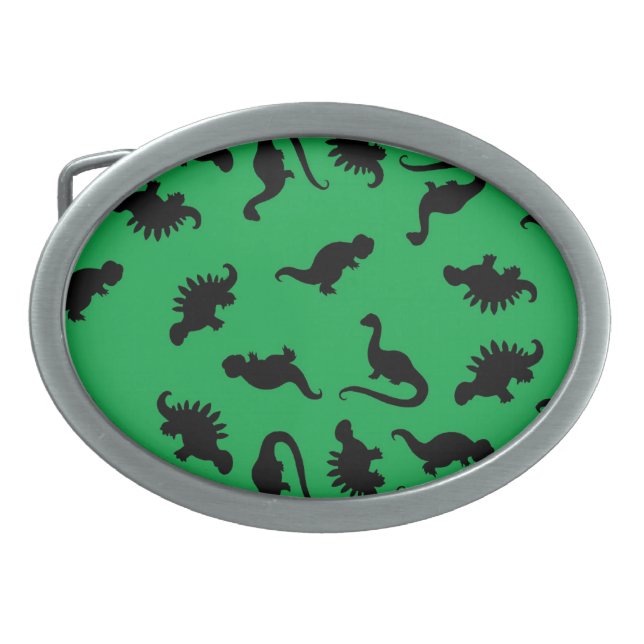 Dinosaur Silhouettes on Green Background Pattern Oval Belt Buckle (Front)